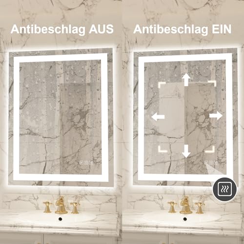 furduzz Badezimmerspiegel mit Beleuchtung, 60x45cm Badezimmerspiegel mit Touch Schalter, Led Spiegel Vertikal und Horizontal Montage, 3 Lichtfarben dimmbar, Antibeschlag 2