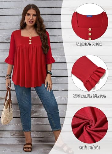 Plus Size Womens Blouses 3/4 Flutter Sleeve Square Neck Tunic Shirts Button Business Work Fall Tops 2025(XL-5XL)