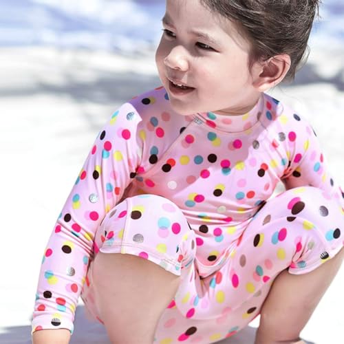 Image of Toddler Girls Pink One Piece Swimsuit Colored Dots Swimwear Long Sleeve Bathing Suit with Zipper