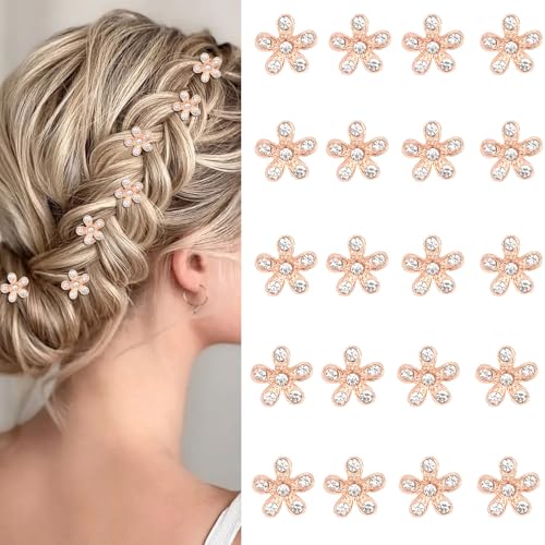 YISSION 20 Pcs Mini Rhinestone Flower Hair Clips Cute Rose Gold Hair Pins Small Decorative Hair Barrettes Wedding Bridal Hair Accessories for Girls Women