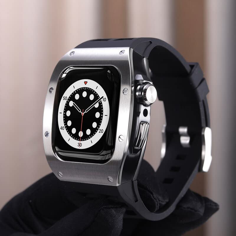 Kit modification Apple Watch boîtier métal résistant aux chocs avec bracelet caoutchouc 44mm