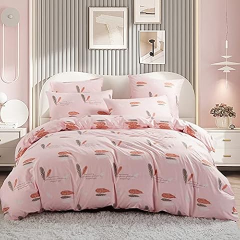 Omela Rosa Federn Bettwäsche Set 140x200 Feder Motiv Mädchen Teenager Bettbezug 2 Teilig Mikrofaser Einzelbett Bettgarnitur Cover