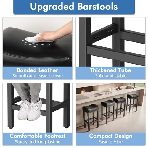 Image of 29 Inch Bar Height Bar Stools Set of 2, 29 inch Barstools for Kitchen Island Counter, Backless Bonded Leather Bar Height Stools with Thick Saddle Seats & Heavy Duty Metal Base, Easy Assembly, All Black