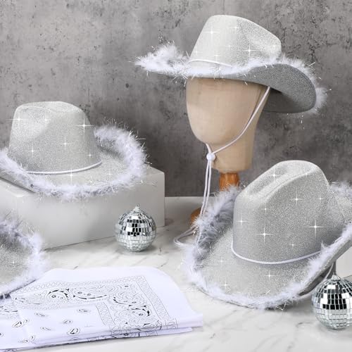 Image of Coume 12 Pcs Sparkly Adults Cowboy Hat and Bandanas Women Men Western Glitter Cowgirl Party Hats with Adjustable Drawstring