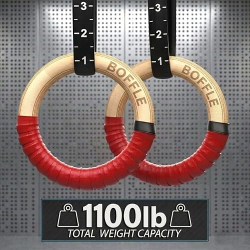 Image of Wood Gymnastics Rings with Adjustable Cam Buckle Straps Exercise Non-Slip Training for Home Gym Full Body Workout. (Red 1100lbs)