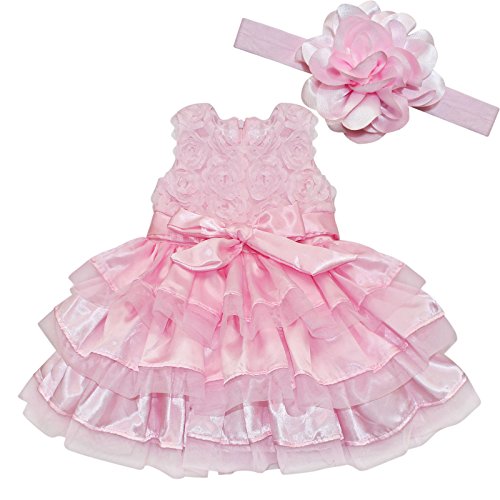 iEFiEL Baby Girls Embroidery Short Sleeves Sequins Bowknot Princess Pageant Wedding Communion Birthday Party Dress (12-18 Months, Pink Tutu + Headband)
