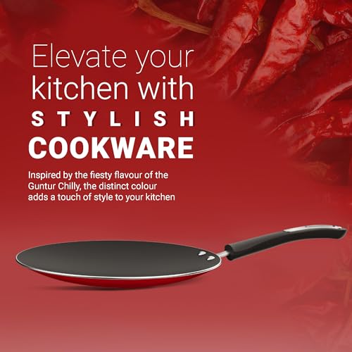 Image of Preethi Dura Collectiona Non Stick Concave Tawa, 28 cm, Gas & Induction Compatible, 5 Star Non Stick Effect, Chilly Red