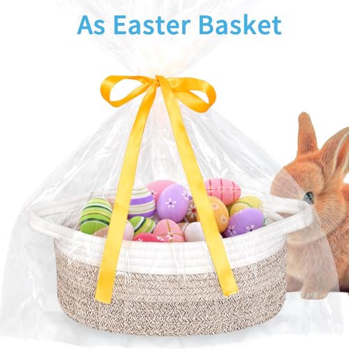 Image of ABenkle Small Basket with Handles, Boho Decorative Rope Woven Dog Cat Toy Storage Bin Shelf Storage Organizer, Easter Christmas Gift Basket, 12 inchx8 inchx5 inch