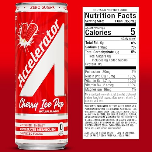 Image of Accelerator Energy Drink,Cherry Ice Pop 12oz can,Zero Sugar,Sustained Energy from 100% Natural Caffeine (200mg from Green Coffee Bean & Green Tea extract),(Pack of 24)
