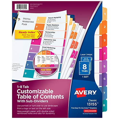Avery Subdividing 8 Tab Dividers for 3 Ring Binders, Customizable Table of Contents, Multicolor Tabs (13155)