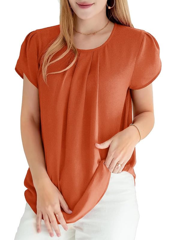 Dokotoo Women's Casual Round Neck Basic Pleated Tops Short Sleeve Loose Fit Curved Keyhole Back Chiffon Blouses Tshirts