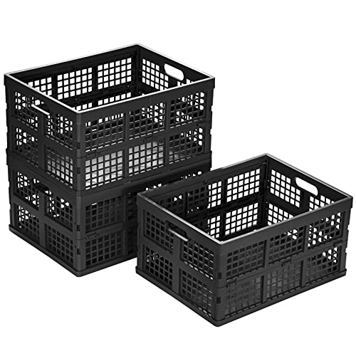 34L Large Plastic Folding Storage Crates,Collapsible Crates for Storage,Pack of 3 (Black)