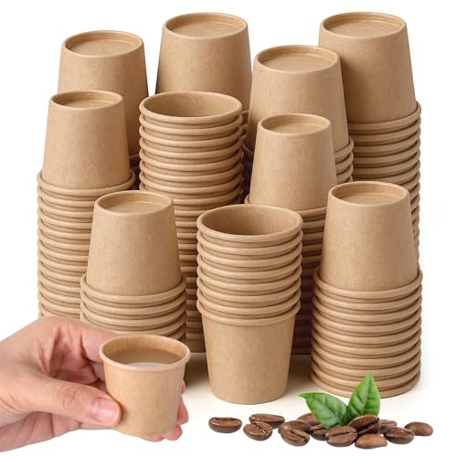 Acellegic 100 Pack 1oz Mini Coffee Cups Disposable Paper Cups Hot or Cold Beverage Cup Mouthwash Cup Drinking for Coffee Water Tea Juice Espresso for Home Office Party Picnic (Kraft)