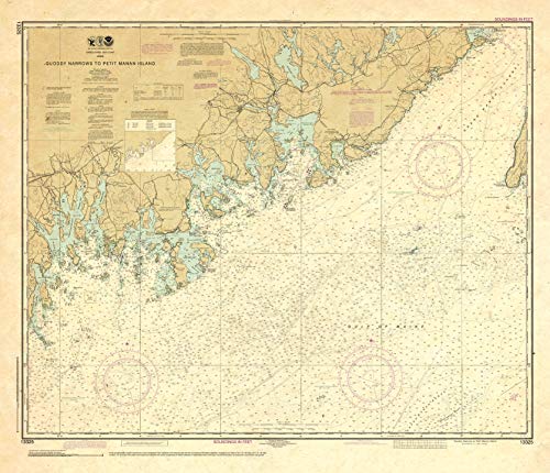 Paradise Cay Publications Antiqued NOAA Chart 13325: Quoddy Narrows to Petit Manan lsland