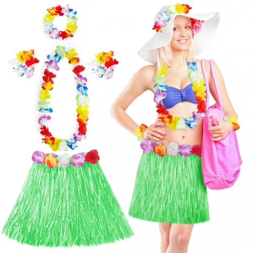 Aomig Disfraz Hawaiano Falda de Paja, 5 Pcs Set Hawaiano con