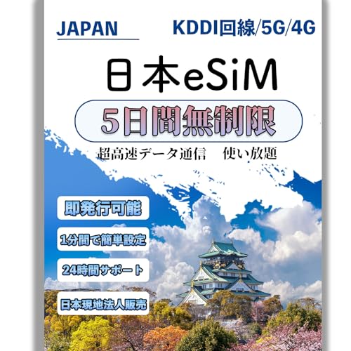 【日本 eSIM】5日間 無制限 データ使い放題 ※銀行系アプリ(PayPayなど)利用制限あり KDDI回線 5G/4G高速通信 至急利用場合(LINEサポート24時間対応) 日本語設定マニュアル付 データ通信専用(電話番号なし) プリペイドSIM 個人