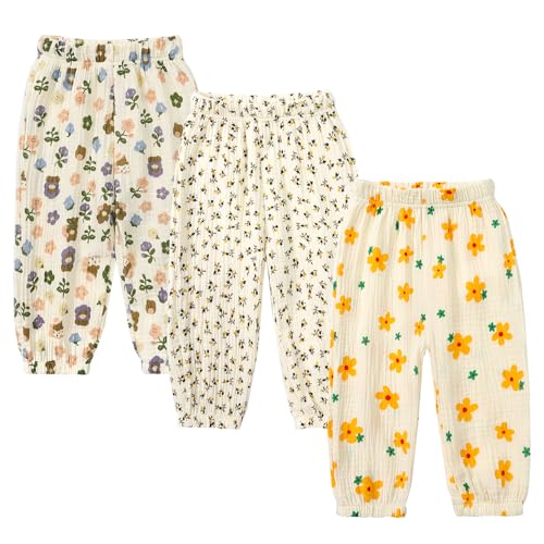 Image of Kids Tales 3 Pack Boys Girls Cotton Linen Pants Child Basic Plain Solid Trousers Big Kids Elastic Waist Long Pants Bloomers