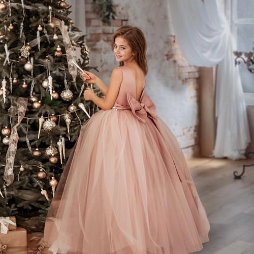 Sleeveless Flower Girls Satin Tulle Princess Pageant Dress for Wedding Kids Backless Ball Gowns with Bow-Knot3