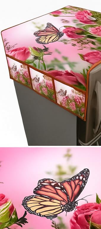 Image of STOREUP double Door or Single Door Fridge Cover | solid Print Fridge Cover With Side Pockets|Fridge Top Cover|Refrigerator Cover|Washable Cotton Material|6 Utility Pockets (pink butterfly)