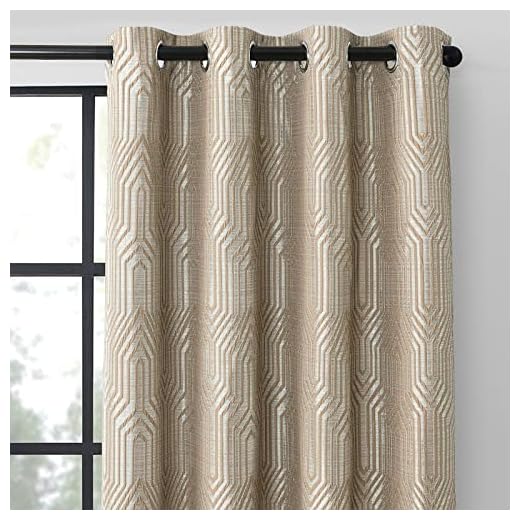 Light Brown and Silvery 100% Blackout Jacquard Geometric Pattern Curtains,52 Inch Wide 84 Inch Length 2 Panels, Thermal Insulated Noise Reducing Anti-Rust Grommet Drapes for Bedroom Living Room