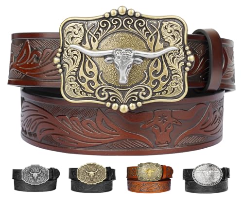 Leather Western Belts for Woman Men - Bull Buckle, Cowboy Cowgirl Country Embossed Belt for Jeans Women Mens Gifts
