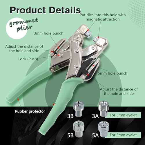 SHRJ Grommet Eyelet Pliers Kit 3/16 1/8 Multi-Size Eyelets Hole Punch Plier with 160Pcs Metal Grommets Heavy Duty Eyelet Pliers Rivet Press Tool Set for Leather Tarps Clothes Belt Crafts - Thumbnail 4