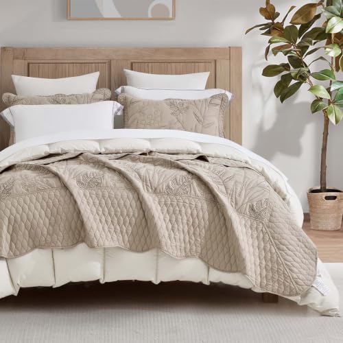 Image of Bedspread oversized Full 96x110,Beautiful Leaf Stitching,5 PC,Taupe