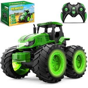 HappyGoLucky 1:18 Scale Remote Control Tractor, Kids Rc Farm Tractor-Light-Up Headlight & Wheels/USB Charging/2.4Ghz, Kids Toys Gifts for 3-8 Year Old Boys Birthday Presents