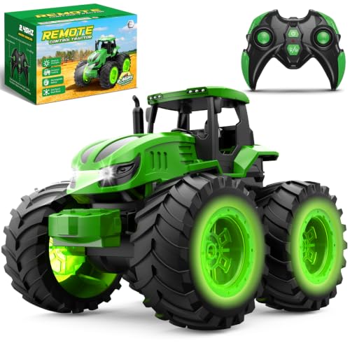 HappyGoLucky 1:18 Scale Remote Control Tractor Kids Rc Farm Tractor-Light-Up Headlight & Wheels/USB Charging/2.4Ghz Kids Toys Gifts for 3-8 Year Old Boys Birthday Presents