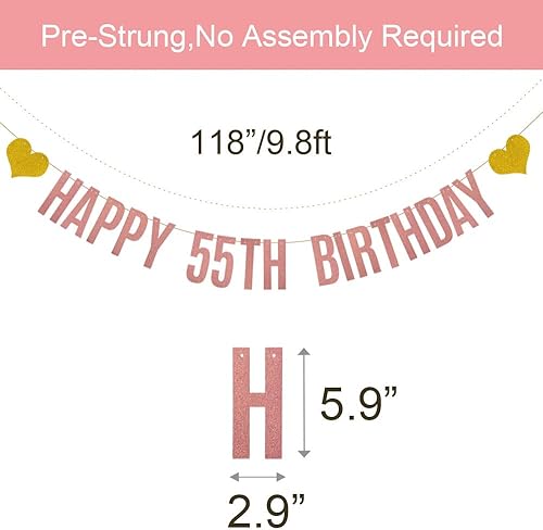 Miniatura 2 de Cartel de Feliz 55 cumpleaños, pre-encordado, guirnaldas de papel con purpurina de oro rosa para mujeres de 55 años, decoración de fiesta de