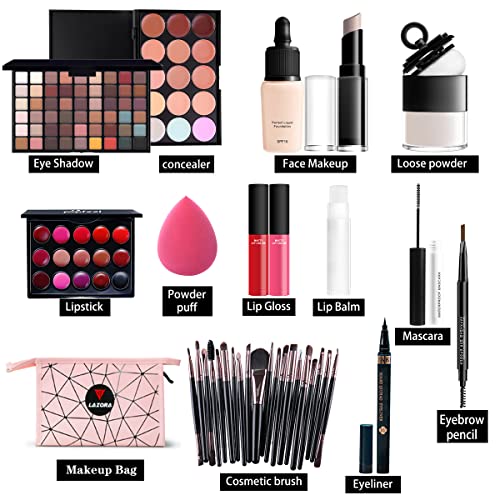 All In One Makeup Kit For Girls Include Eyeshadow Cosmetic Brush Concealer Lipstick Lip Gloss Concealer Stick Mascara Eyeliner Eyebrow Pencil Lip Balm Powder Puff Loose Powder-Makeup Set #TOP2