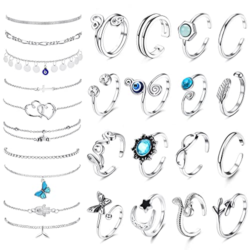 Funrun Jewelry 26Pcs Anklet And Toe Rings For Women Silver Gold Plated Toe Rings Layered Ankle Bracelets Evil Eye Snake Adjustable Open Toe Rings Beach Foot Jewelry For Summer(Silver) #TOP6