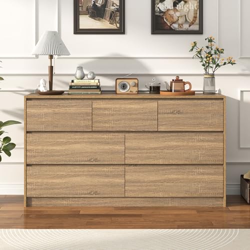 Farmhouse Malm Dresser for Bedroom, 55 Inch Long Dresser with 7 Drawers, Modern Large Wood Chest of Drawer Handle Free, Dresser for Kids Bedroom, Living Room, Entryway, Hallway, Oak