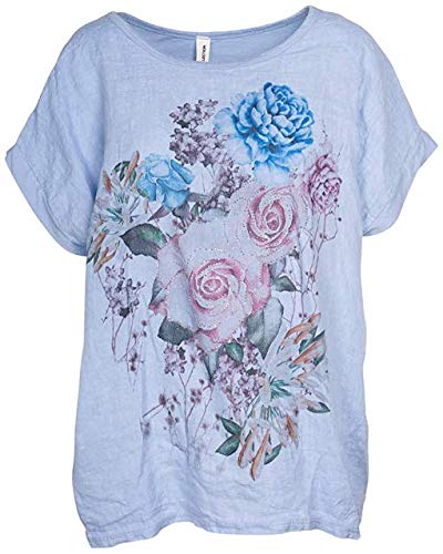 M Made in Italy Women's Linen Floral Print t-Shirt, Sky, X-Large