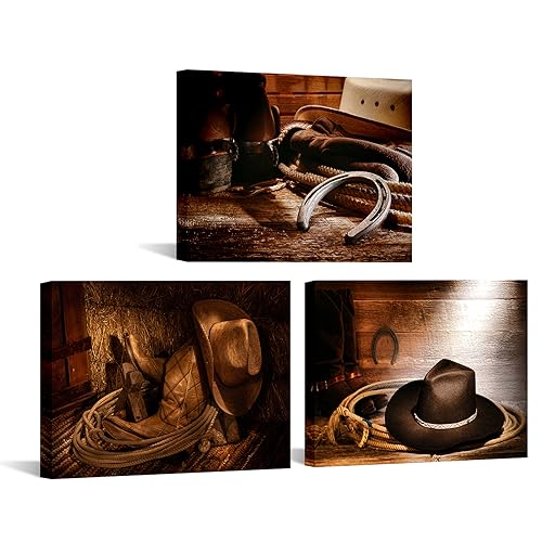 VANSEEING Western Decor Cowboy Wandkunst Leinwand gedruckt Poster Heimdekoration Gemälde Kunstwerk für Wohnzimmer Büro brauner Strohhut Seilstiefel Vintage Stil Bild fertig zum Aufhängen 40,6 x 30,5 x