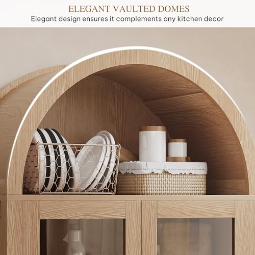 DWVO 71" Arched Cabinet Bookshelf Bookcase with LED Light/Wood Display Cabinet Cabinets with Tempered Glass Doors and Adjustable Shelves/Kitchen Pantry with Storage for Living Room,Dining Room-Natrual