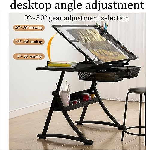 Height and Angle Adjustable Drawing Table Drawing Desk Craft Station Drafting Table with 2 Storage Drawers and One Side