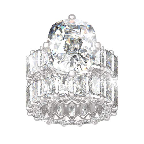 Jeulia Cushion Cut Three Sided Pave Sterling Silver Eternity Ring Cubic Zirconia Art Deco Halo Wedding Engagement Anniversary Rings Set