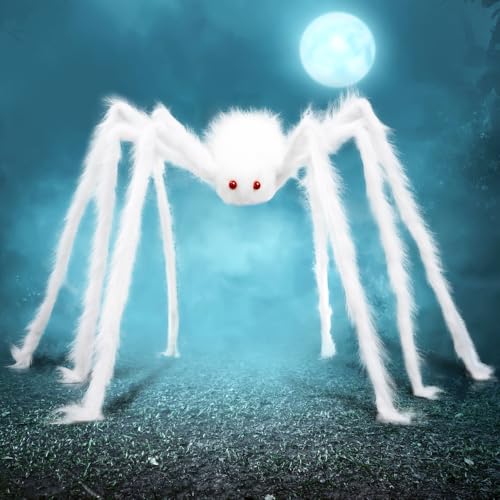 Image of JOYIN Halloween Outdoor Decorations Giant Spider, Scary Large Spider Props for Yard Lawn Halloween Outside Decor and Indoor Party Decor, White (Standing Height is 15 inches)