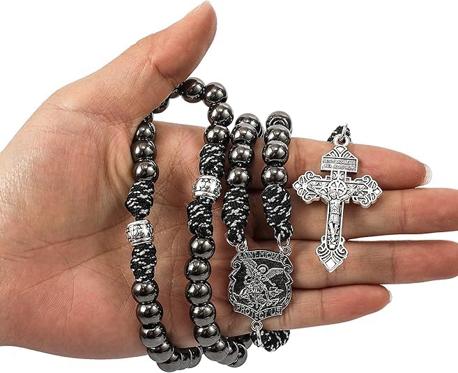 Nazareth Store Paracord Rosary Beaded Necklace St Michael Medal Strong Metal 10mm Beads Our Father Catholic Rosary with Pardon Crucifix4