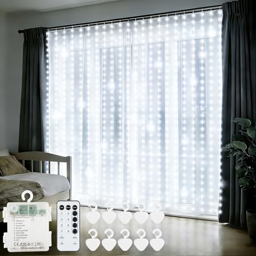 echosari Curtain Lights Battery Operated, 300 LED Fairy Curtain Lights