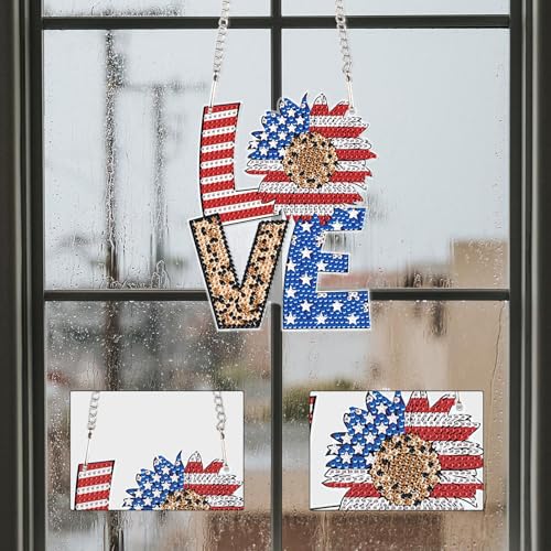 Image of AiYuanzsh Patriotic Diamond Painting Hanging Sign - Love Door Wall Decoration with American Flag Sunflower, Leopard Print, DIY 5D Rhinestone Art Craft for 4th of July Home Decor