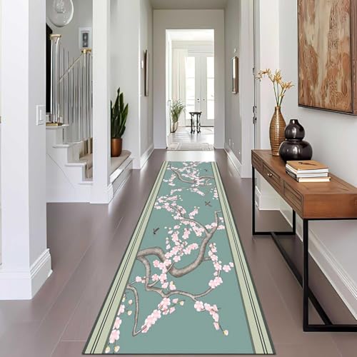 XQKXHZ 緑の長い廊下用防音カーペット滑り止めキッチンマット おしゃれの花および植物 洗えるフロアマット柔らかい現代的なエリアのフロアカーペット、廊下、ベッドサイド、寝室、浴室のため,B,80x280cm