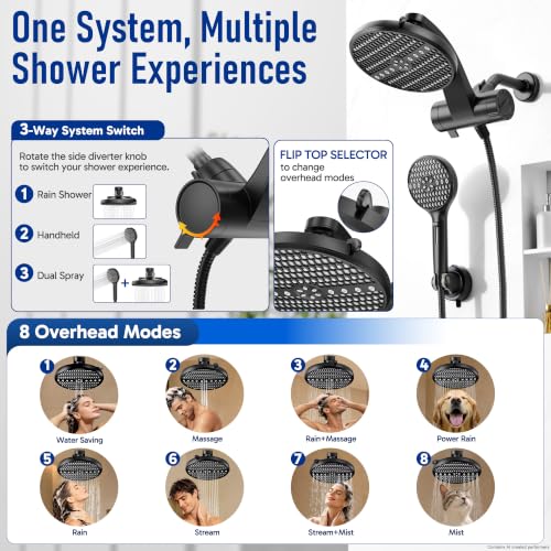 Image of Veken Filtered Shower Head with Handheld, Multi-pattern Rain Showerhead Set | High Pressure Power Wash, Dual Showerheads Combo with One Filter, 9-Function Hand Held Sprayer,Detachable, Matte Black