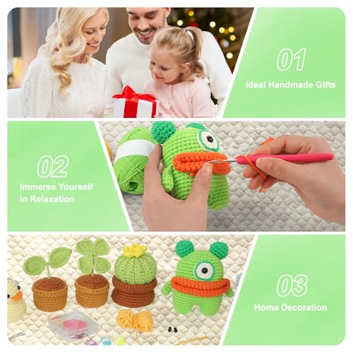 Image of Autglint Monster Crochet Kit for Complete Beginners, Amigurumi Animal Starter Kit with Detailed Video Tutorials, Learn to Crochet Kit with Non-Split Pre-Started Yarn - Green Monster