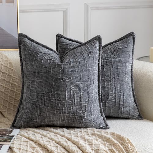 Image of MADIZZ Pack of 2 Chenille Throw Pillow Covers 18x18 Inch Dark Grey Soft Neutral Decorative Throw Pillows for Couch Sofa Boho Accent Cushion Covers Modern Farmhouse Home Decor for Bedroom Living Room