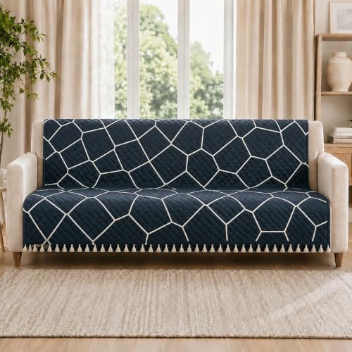Image of Velvet Quilted Sofa Cover for 4 Seater (92 x 60 Inches) | Black | Anti-Slip Soft Washable Sofa Seat Cover | Furniture Protector with Tassels
