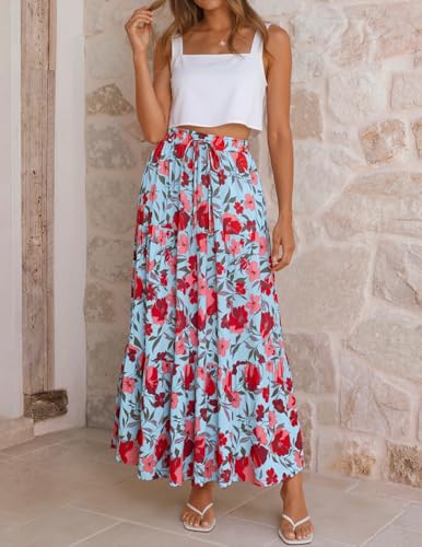 Image of ZESICA Women's 2026 Summer Bohemian Floral Printed Elastic Waist A Line Maxi Skirt with Pockets