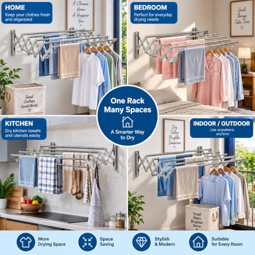 Image of Smart Saver Wall Mounted Clothes Drying Rack, Foldable Wall Mount Laundry Rack Folding Indoor for Clothes, Towels & Garments, Stand, Space Saver with 5 Drying Rods