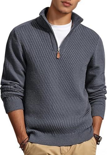 Runcati Mens Quarter Zip Pullover Slim Fit Lightweight Sweaters Casual Long Sleeve Knit Texture Sweater Dark Grey L